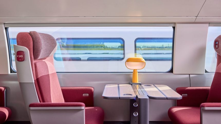 The first class carriage of new TGV INOUI train, pictured with lamps designed as part of a French-Japanese collaboration.