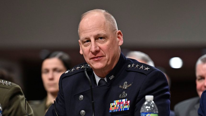 Vice Chief of Space Operations Gen. Michael Guetlein testifies before the Senate Armed Services Committee on Capitol Hill in Washington, DC, on March 12, 2025.