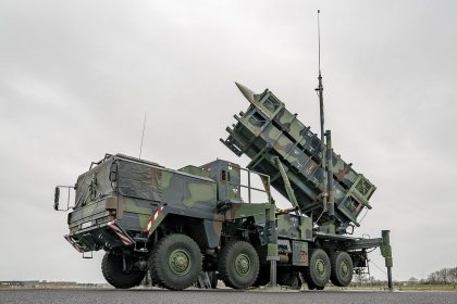 A combat-ready Patriot anti-aircraft missile system at Schwesing military airport in Germany.