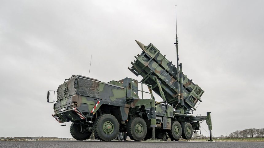 A combat-ready Patriot anti-aircraft missile system at Schwesing military airport in Germany.