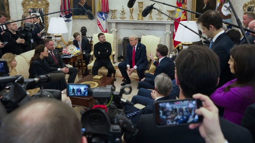 Vice President JD Vance, speaks with Ukrainian President Volodymyr Zelensky as President Donald Trump, listens in the Oval Office at the White House, on February 28, 2025, in Washington.