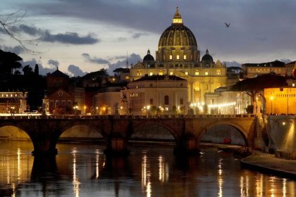 St. Peter's Basilica at The Vatican is seen at dusk in Rome, Italy on February 28.