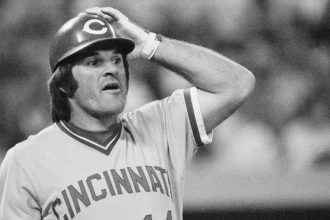 Pete Rose of the Cincinnati Reds pictured during a game in August 1978.