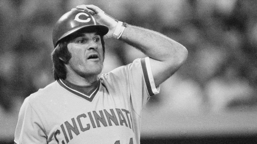 Pete Rose of the Cincinnati Reds pictured during a game in August 1978.