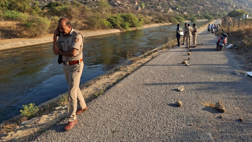 Police officers at the scene where three men are accused of gang-raping two women, in Koppal district of southern state of Karnataka, India, on Friday, March 7, 2025.