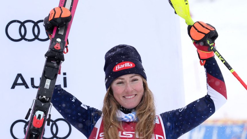 Mikaela Shiffrin celebrates her third place finish.