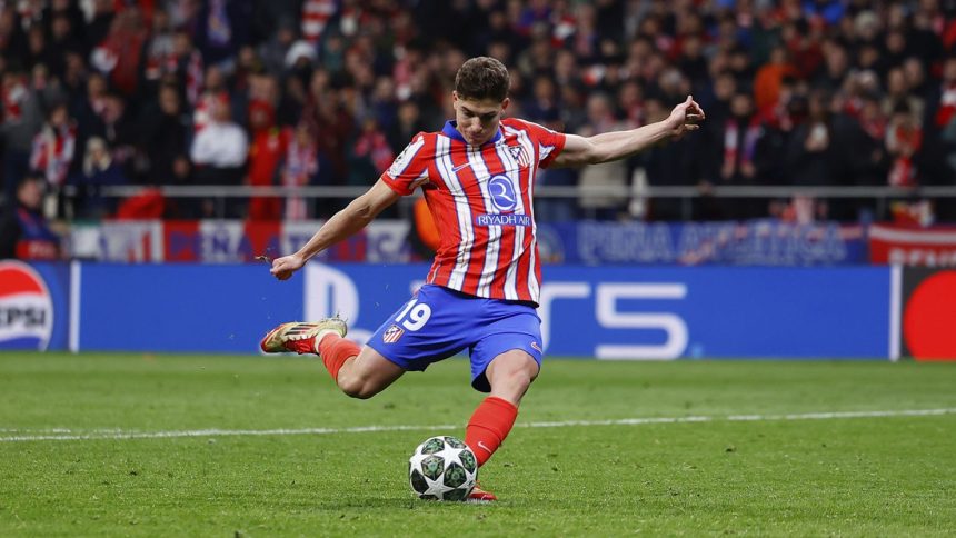 The moment Julián Alvarez accidentally touched the ball with both feet while taking his disallowed penalty.