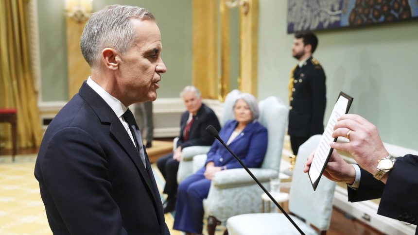 Mark Carney is sworn in as prime minister of Canada in Ottawa on Friday.