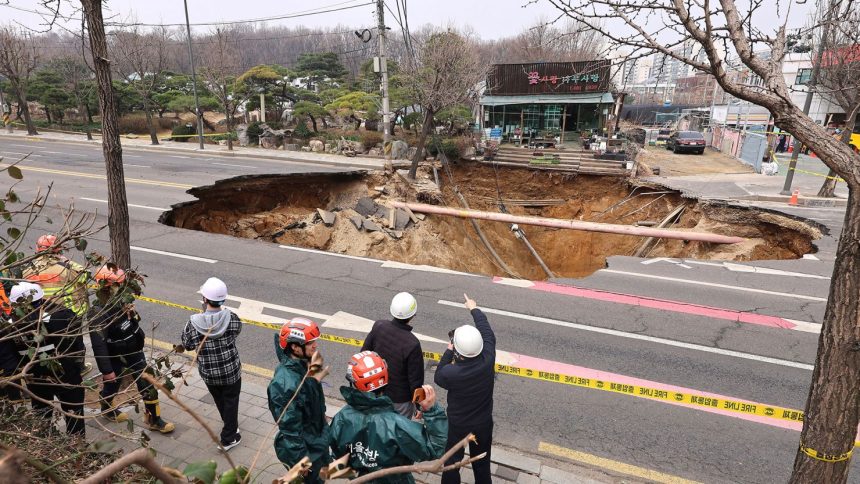 The sinkhole in Seoul pictured on Tuesday.