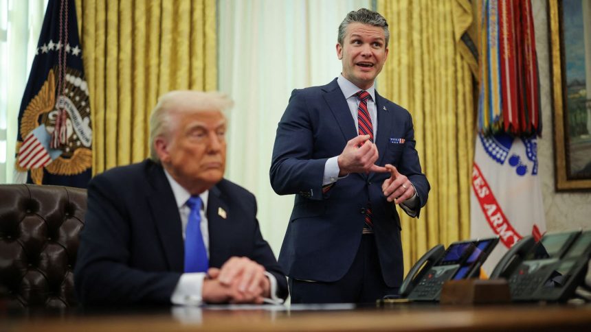 Defense Secretary Pete Hegseth speaks next to President Donald Trump in the Oval Office at the White House in Washington, DC, on Friday, March 21.