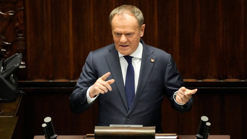 Polish Prime Minister Donald Tusk speaks at the Sejm, the lower house of parliament, in Warsaw, Poland, on March 7.