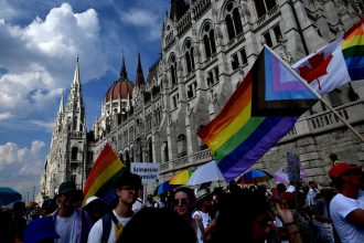 Members and supporters of Hungary's LGBTQ community march through Budapest in 2022.