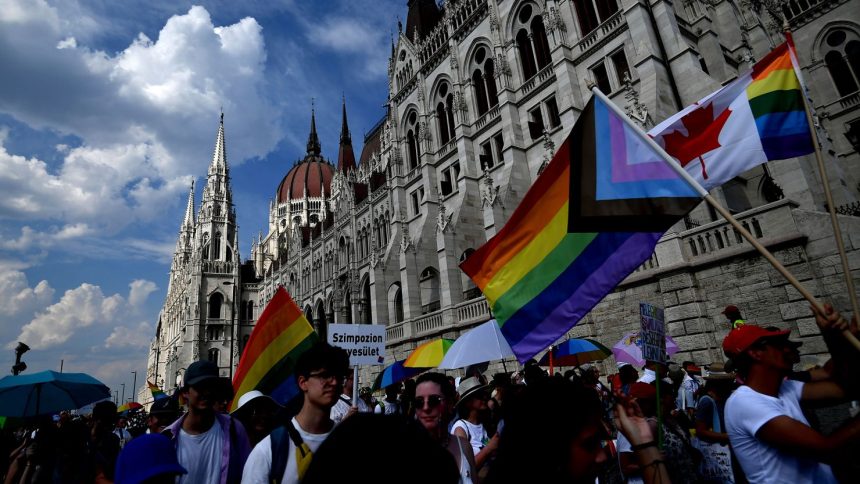 Members and supporters of Hungary's LGBTQ community march through Budapest in 2022.