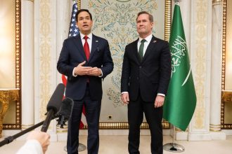 US Secretary of State Marco Rubio and US National Security Advisor Mike Waltz speak with the media following meetings with a Ukrainian delegation in Jeddah, Saudi Arabia, on March 11.