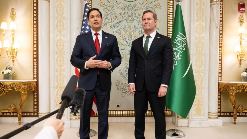 US Secretary of State Marco Rubio and US National Security Advisor Mike Waltz speak with the media following meetings with a Ukrainian delegation in Jeddah, Saudi Arabia, on March 11.