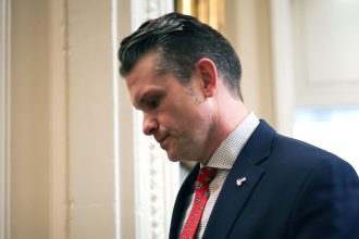 Secretary of Defense Pete Hegseth leaves the weekly Republican Senate policy luncheon at the US Capitol on March 11, in Washington, DC.