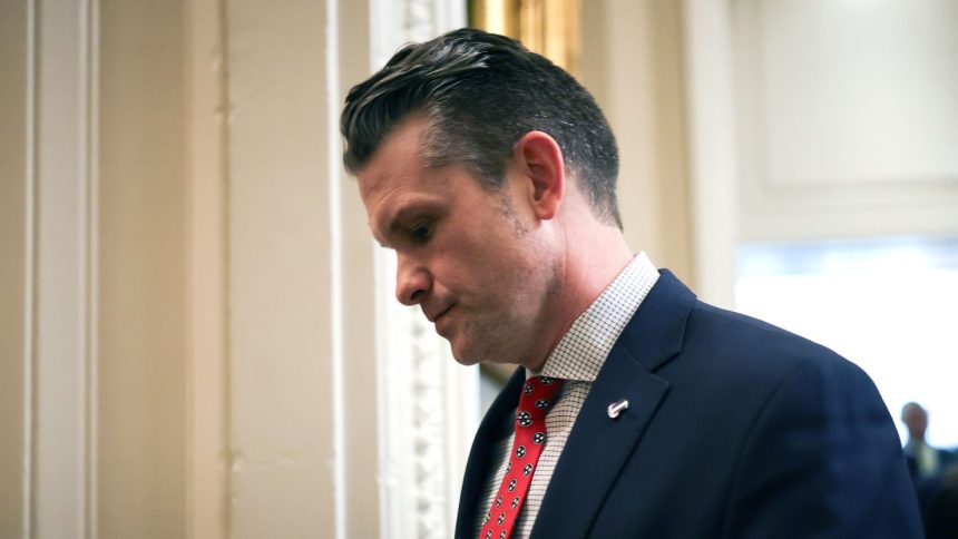 Secretary of Defense Pete Hegseth leaves the weekly Republican Senate policy luncheon at the US Capitol on March 11, in Washington, DC.