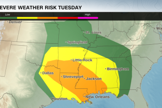 Severe weather threat for the Central and Southern US Tuesday. The strongest threat of severe storms are expected for the orange area above, where strong tornadoes, gusty winds and large hail are possible.