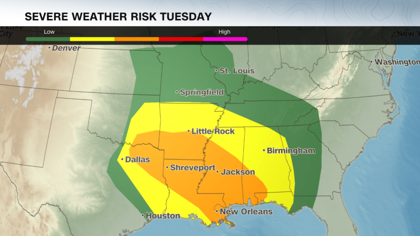 Severe weather threat for the Central and Southern US Tuesday. The strongest threat of severe storms are expected for the orange area above, where strong tornadoes, gusty winds and large hail are possible.