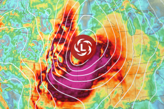 Strong wind gusts (oranges, reds and purples) will impact much of the central US later this week as a powerful coast-to-coast storm (denoted by the red L) tracks through the area.