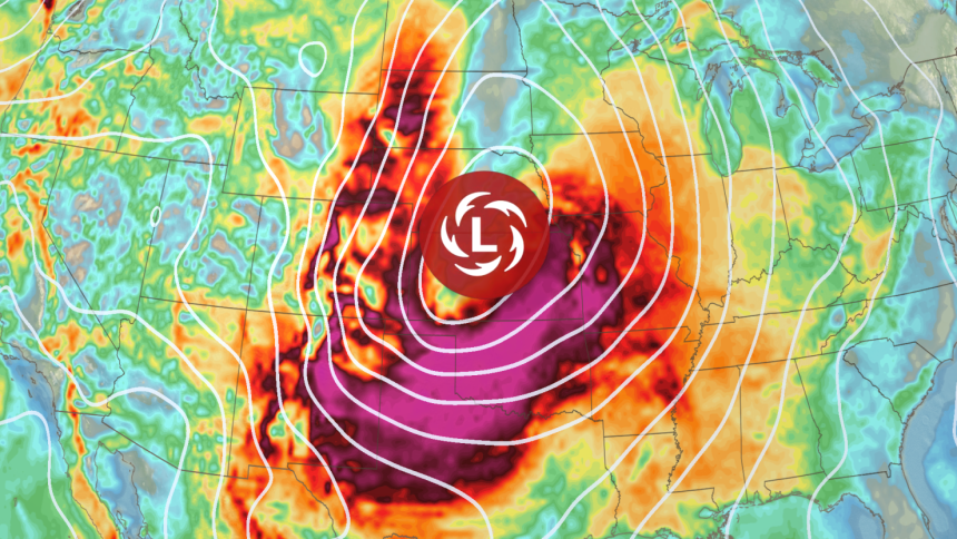 Strong wind gusts (oranges, reds and purples) will impact much of the central US later this week as a powerful coast-to-coast storm (denoted by the red L) tracks through the area.