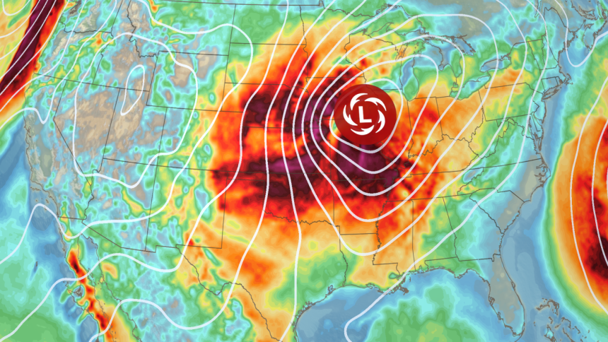 A potent storm will deliver powerful wind gusts (oranges, reds and purples) to millions Wednesday afternoon.