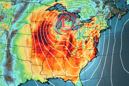 Strong wind gusts (oranges and reds) will impact much of the eastern half of the US on Wednesday as a powerful coast-to-coast storm (denoted by the red L) tracks through the area.