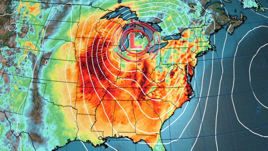 Strong wind gusts (oranges and reds) will impact much of the eastern half of the US on Wednesday as a powerful coast-to-coast storm (denoted by the red L) tracks through the area.