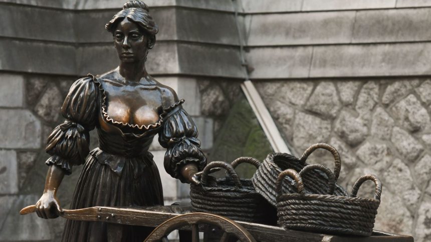 Handsy tourists have damaged the patina of this Irish statue of fictional fishmonger Molly Malone (pictured in Dublin in 2019) through their constant groping.