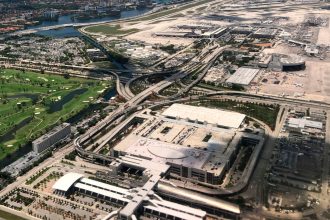 Aerial view of Miami International Airport in Miami, Florida on May 26, 2019.