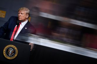 US President Donald Trump pauses while speaking at the Economic Club of New York at the New York Hilton Midtown November 12, 2019, in New York, New York. - European stock markets closed higher on Tuesday, helped by speculation that US President Donald Trump will postpone a tariffs decision on European-made cars. (Photo by Brendan Smialowski / AFP) (Photo by BRENDAN SMIALOWSKI/AFP via Getty Images)