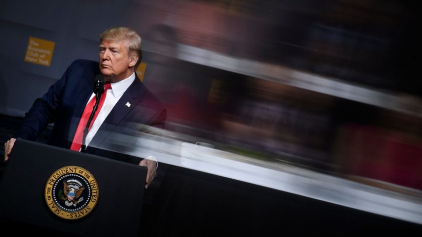 US President Donald Trump pauses while speaking at the Economic Club of New York at the New York Hilton Midtown November 12, 2019, in New York, New York. - European stock markets closed higher on Tuesday, helped by speculation that US President Donald Trump will postpone a tariffs decision on European-made cars. (Photo by Brendan Smialowski / AFP) (Photo by BRENDAN SMIALOWSKI/AFP via Getty Images)