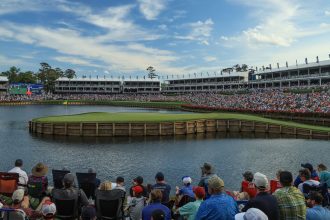 A general view of the 17th hole from behind the green at TPC Sawgrass on March 12, 2023, in Ponte Vedra Beach, Florida - one of the holes Jim Best scuba dives to find golf balls.