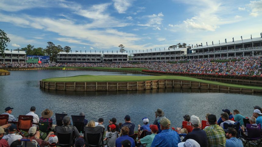 A general view of the 17th hole from behind the green at TPC Sawgrass on March 12, 2023, in Ponte Vedra Beach, Florida - one of the holes Jim Best scuba dives to find golf balls.