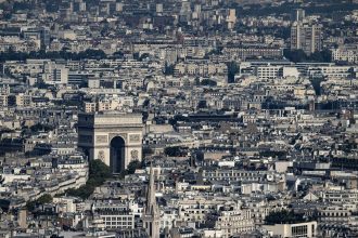 A view of the French capital, Paris, featuring the Arc de Triomphe