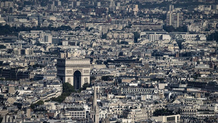 A view of the French capital, Paris, featuring the Arc de Triomphe