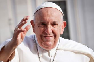 Pope Francis greets faithful during his weekly general audience at St. Peter's Square in Vatican City, Vatican, on September 13, 2023.