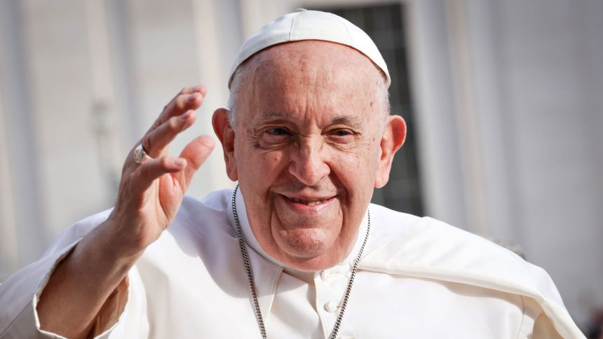 Pope Francis greets faithful during his weekly general audience at St. Peter's Square in Vatican City, Vatican, on September 13, 2023.