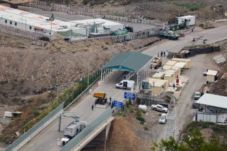 The Armenian side of the border near the town of Kornidzor, on September 23, 2023, shows the Azerbaijani checkpoint set up at the entry of the Lachin corridor, in Azerbaijan's controlled region of Nagorno-Karabakh.