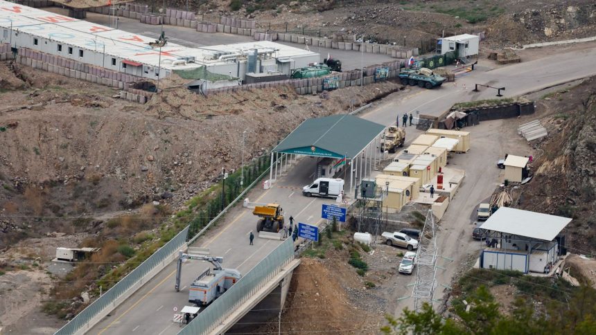 The Armenian side of the border near the town of Kornidzor, on September 23, 2023, shows the Azerbaijani checkpoint set up at the entry of the Lachin corridor, in Azerbaijan's controlled region of Nagorno-Karabakh.