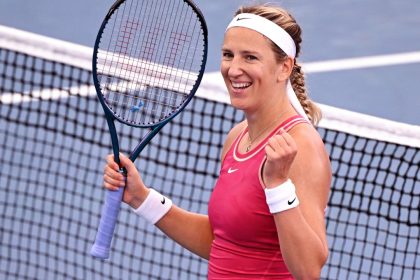 Belarus' Victoria Azarenka celebrates winning her women's singles quarter-final match against Latvia's Jelena Ostapenko at the Brisbane International tennis tournament in Brisbane on January 5, 2024. (Photo by William WEST / AFP) / --IMAGE RESTRICTED TO EDITORIAL USE - STRICTLY NO COMMERCIAL USE-- (Photo by WILLIAM WEST/AFP via Getty Images)