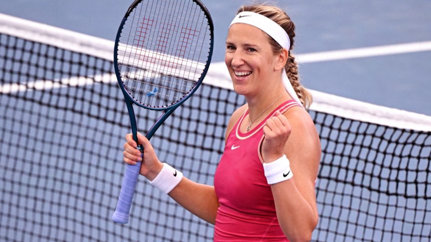 Belarus' Victoria Azarenka celebrates winning her women's singles quarter-final match against Latvia's Jelena Ostapenko at the Brisbane International tennis tournament in Brisbane on January 5, 2024. (Photo by William WEST / AFP) / --IMAGE RESTRICTED TO EDITORIAL USE - STRICTLY NO COMMERCIAL USE-- (Photo by WILLIAM WEST/AFP via Getty Images)