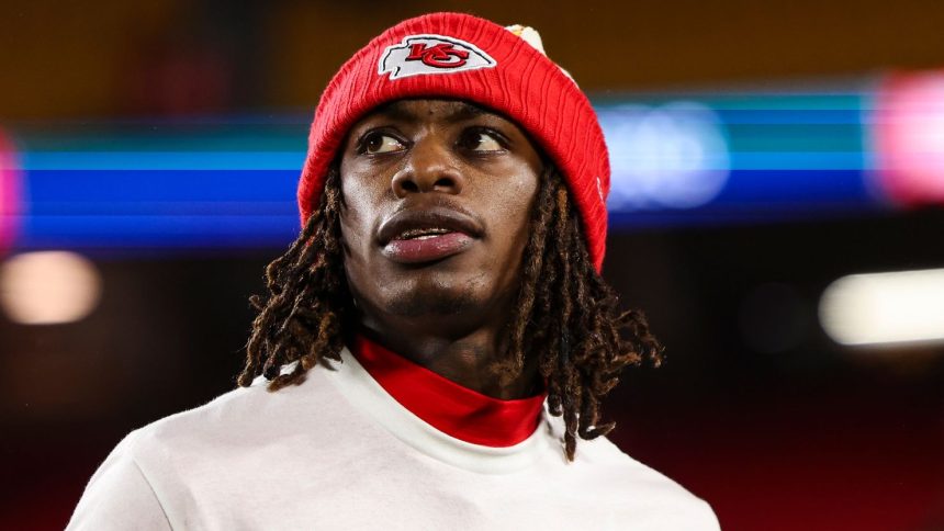 Kansas City Chiefs wide receiver Xavier Worthy warming up before home game against the Los Angeles Chargers on December 8, 2024.