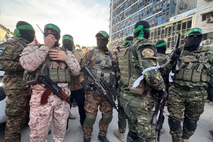 Militants from the Qassam Brigades, Hamas' military wing, in Gaza City on January 19, the first day of a ceasefire with Israel.