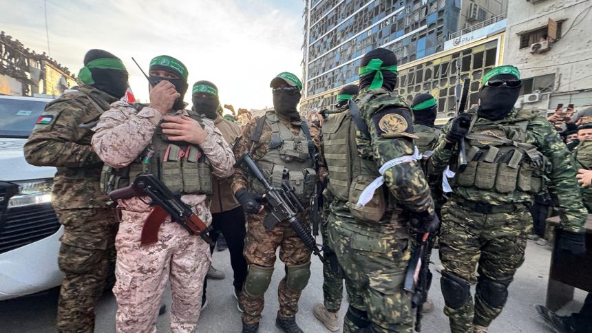 Militants from the Qassam Brigades, Hamas' military wing, in Gaza City on January 19, the first day of a ceasefire with Israel.