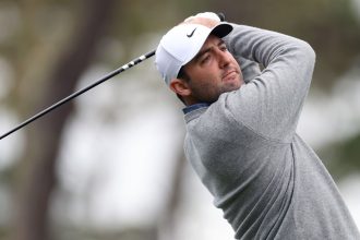 Scottie Scheffler plays his shot from the 17th tee during the first round of the AT&T Pebble Beach Pro-Am 2025 at Spyglass Hill golf course on January 30.