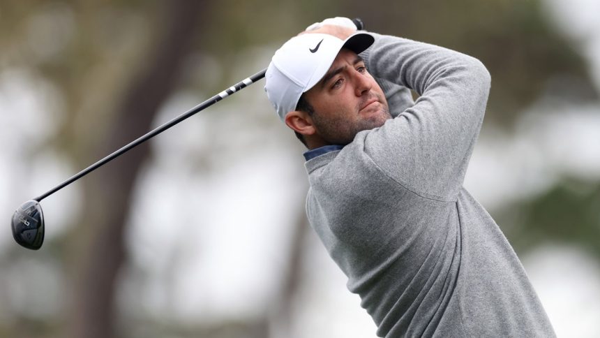 Scottie Scheffler plays his shot from the 17th tee during the first round of the AT&T Pebble Beach Pro-Am 2025 at Spyglass Hill golf course on January 30.