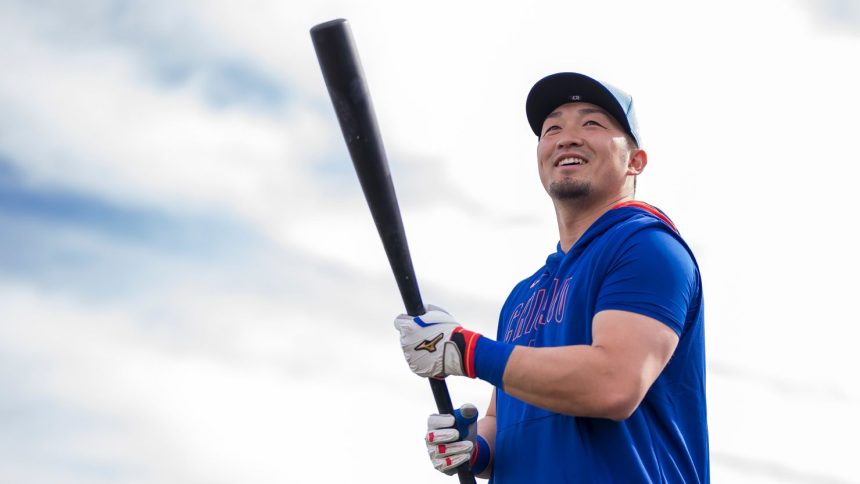 Seiya Suzuki of the Chicago Cubs works out during Spring Training at Sloan Park on February 13, 2025.