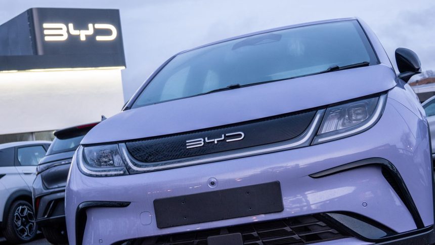 Brand new BYD electric cars are displayed for sale outside a BYD dealership, on February 20, 2025 in Bristol, England.