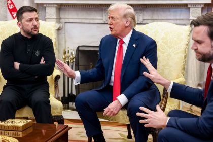 Ukrainian President Volodymyr Zelensky with his US counterpart Donald Trump, and US Vice President JD Vance during a fractious meeting in the Oval Office of the White House on Friday, Feb. 28, 2025.